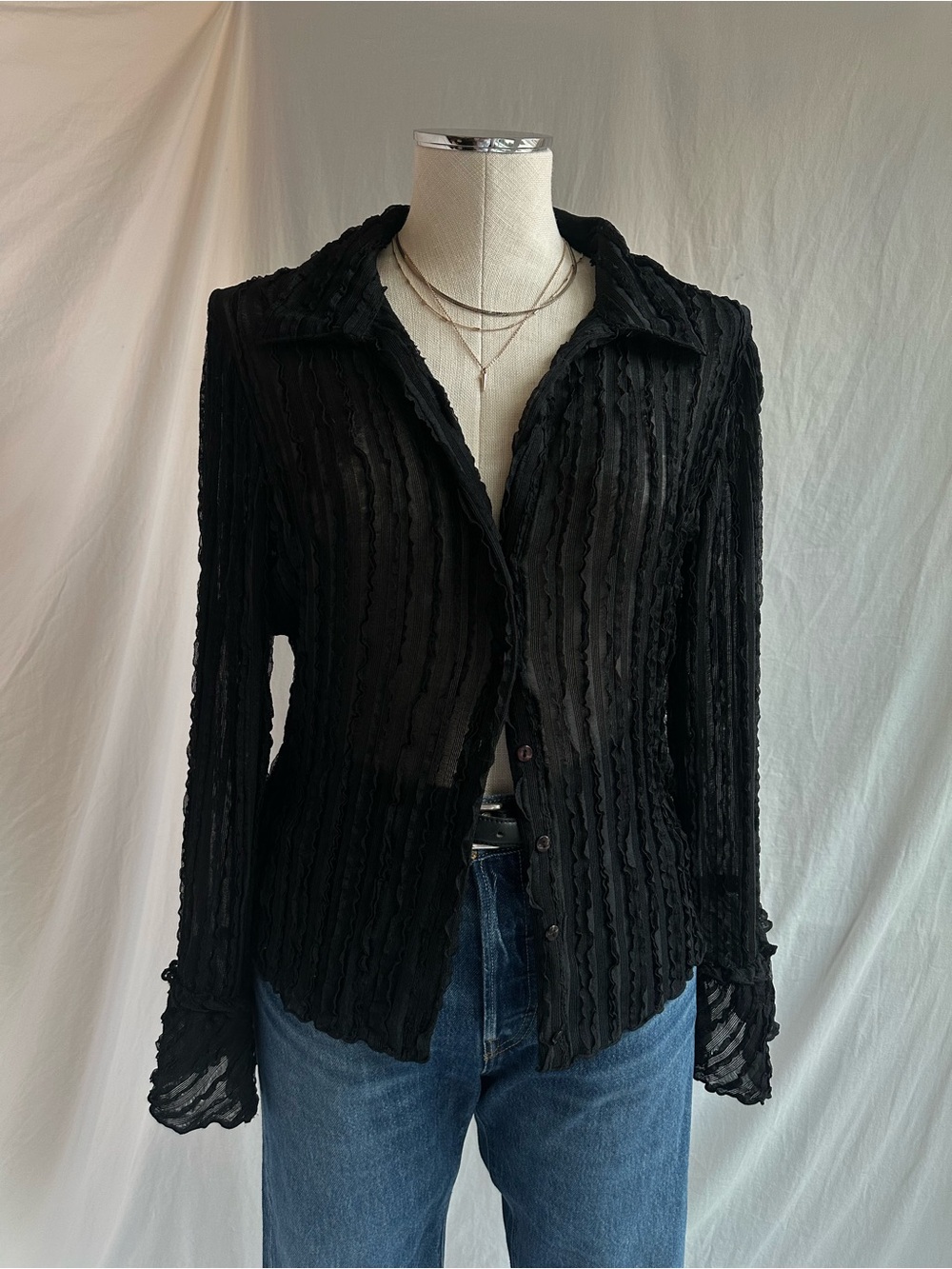 Vintage 90s GUESS Jeans Black Sheer Textured Crinkle Button Down Blouse M